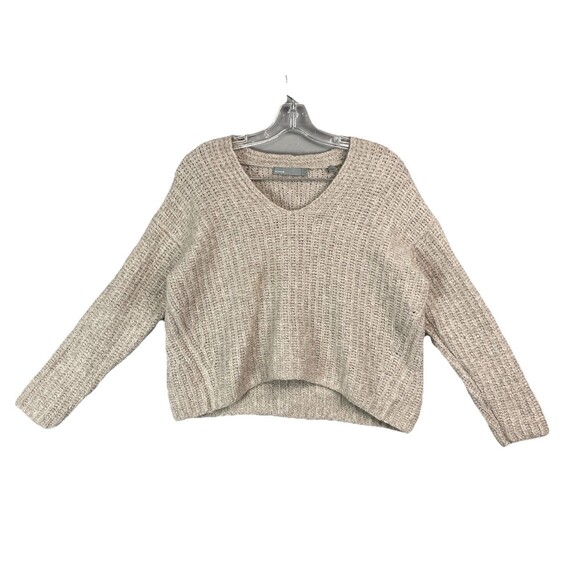 Vince Women Medium Sweater V Neck Chunky Knit Neutral Textured Cashmere Beige - Picture 2 of 9